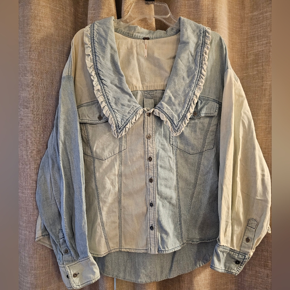 Free People Daisy Baby Patchwork Denim Top with Wide Collar and Ruffle Detail
